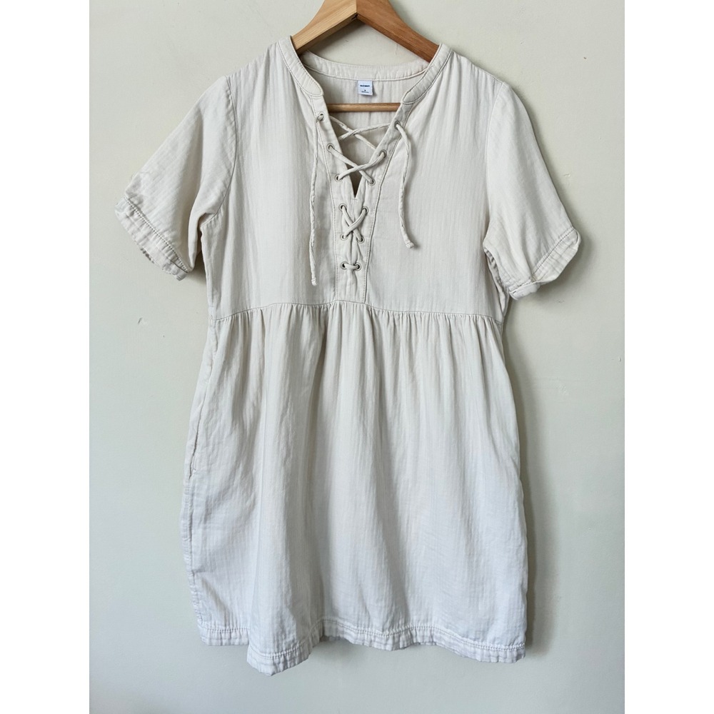 Old‎ Navy Cream Cotton Gauze Lace Up Mini Dress Short Sleeve Boho Neutral Small